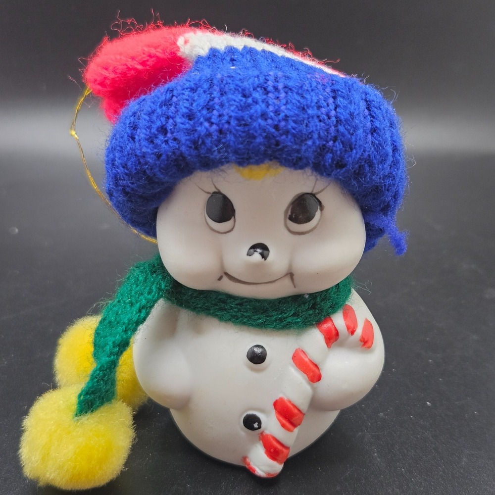 Vintage Giftco Snowman Bell Ornament Ceramic Taiwan Christmas Candy Cane